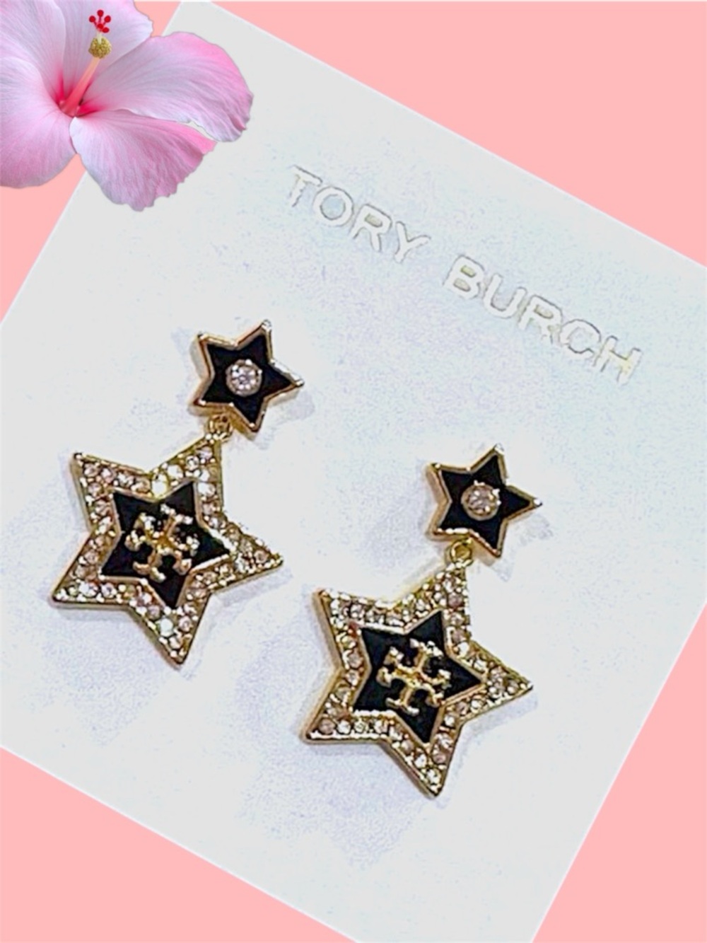 Tory Burch Black and Gold Star Drop Earrings